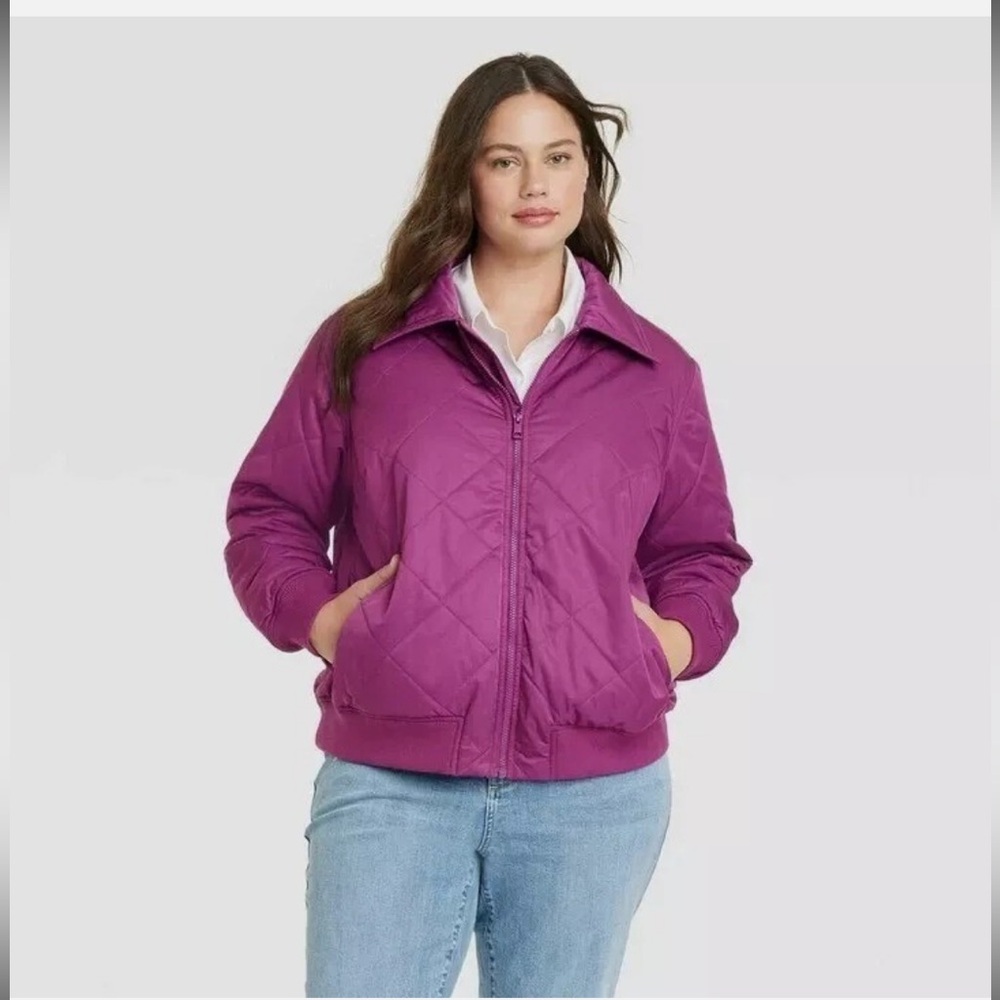 NWT Ava & Viv Womens Quilted Puffer Bomber Jacket Purple Size 1x